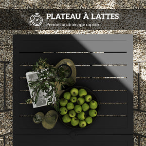 Table de jardin rectangulaire pour 4 à 6 personnes, table à manger extérieure avec trou pour parasol plateau en métal à lattes, structure en acier, pour balcon, 150 x 90 x 73 cm, noir