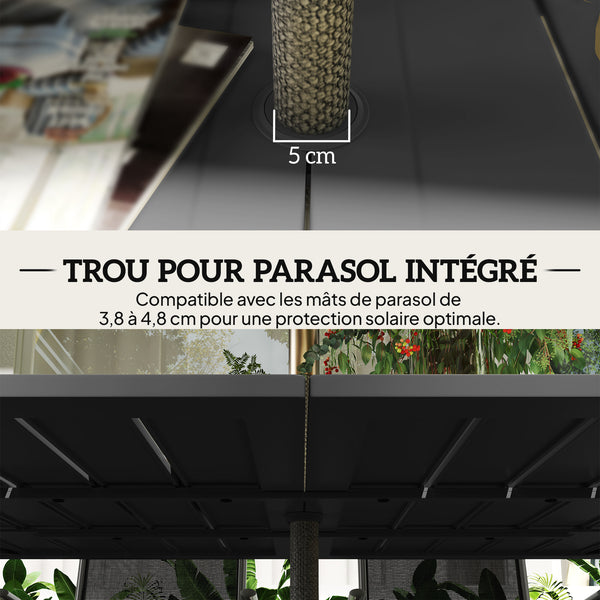 Table de jardin rectangulaire pour 4 à 6 personnes, table à manger extérieure avec trou pour parasol plateau en métal à lattes, structure en acier, pour balcon, 150 x 90 x 73 cm, noir