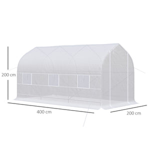 Serre tunnel de jardin 8m², serre de jardin tunnel 400x200x200cm avec 1 portes et 6 fenêtres, pour extérieur, toutes saisons, légumes, fruits, fleurs, bâche PE haute densité 140 g/m² blanc
