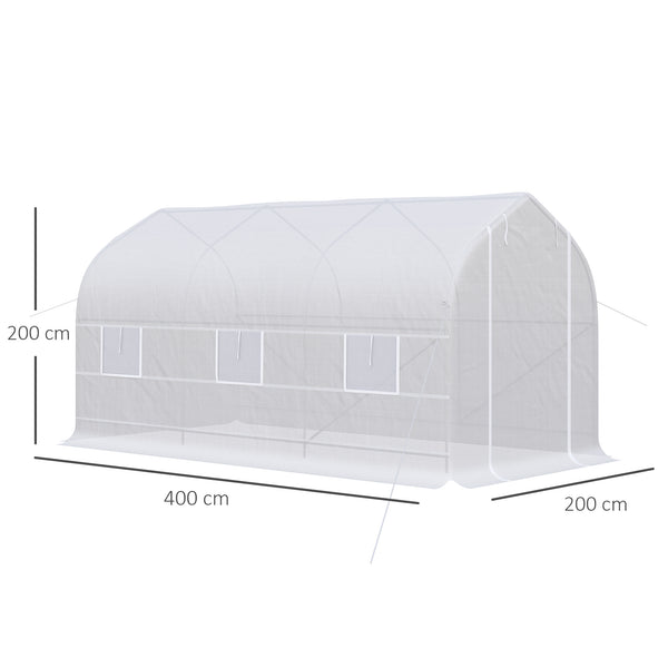 Serre tunnel de jardin 8m², serre de jardin tunnel 400x200x200cm avec 1 portes et 6 fenêtres, pour extérieur, toutes saisons, légumes, fruits, fleurs, bâche PE haute densité 140 g/m² blanc