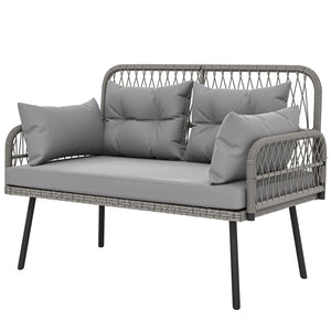 Canapé de jardin avec coussins et oreillers 2 places en résine tressée, canapé d'extérieur avec accoudoirs, cadre en acier galvanisé pour balcon, gris foncé