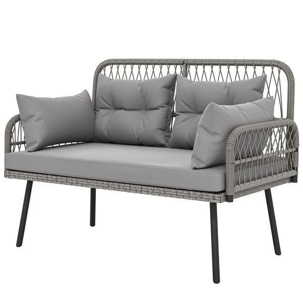 Canapé de jardin avec coussins et oreillers 2 places en résine tressée, canapé d'extérieur avec accoudoirs, cadre en acier galvanisé pour balcon, gris foncé