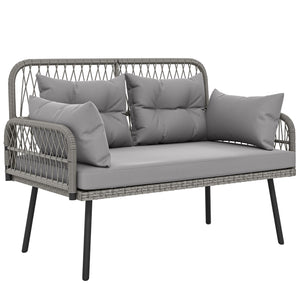 Canapé de jardin avec coussins et oreillers 2 places en résine tressée, canapé d'extérieur avec accoudoirs, cadre en acier galvanisé pour balcon, gris foncé