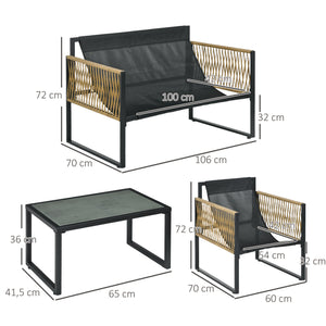 Salon de jardin extérieur 4 pièces mobilier de jardin canapé 2 places 2 fauteuils et 1 table basse plateau verre trempé 3 coussins acier et résine tressée - gris