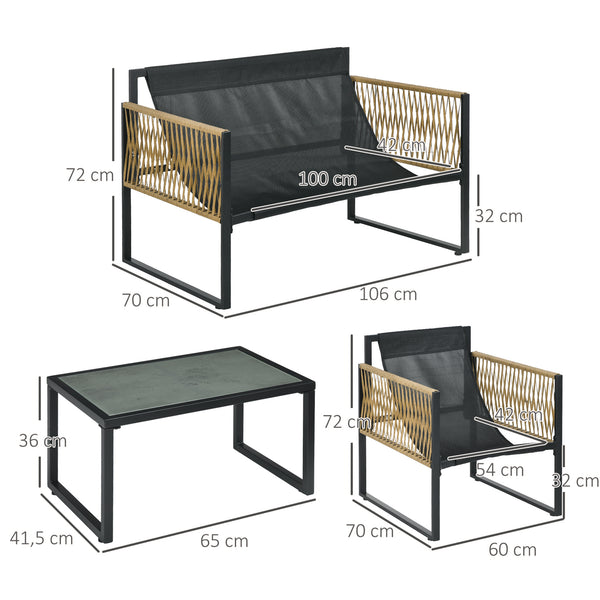 Salon de jardin extérieur 4 pièces mobilier de jardin canapé 2 places 2 fauteuils et 1 table basse plateau verre trempé 3 coussins acier et résine tressée - gris