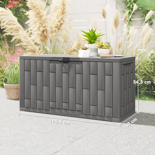 Coffre de Rangement Extérieur 227 L Verrouillable avec Vérin à Gaz, Boîte de Jardin en Aspect Bois Résistant aux UV, pour Outils Accessoires, 106,5x43x54,5cm, Gris
