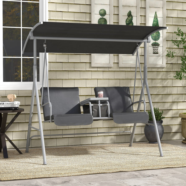 Balancelle de jardin 2 places avec auvent inclinable tablette centrale 2 porte-gobelets pour terrasse 175L x 112l x 158H cm balcon gris