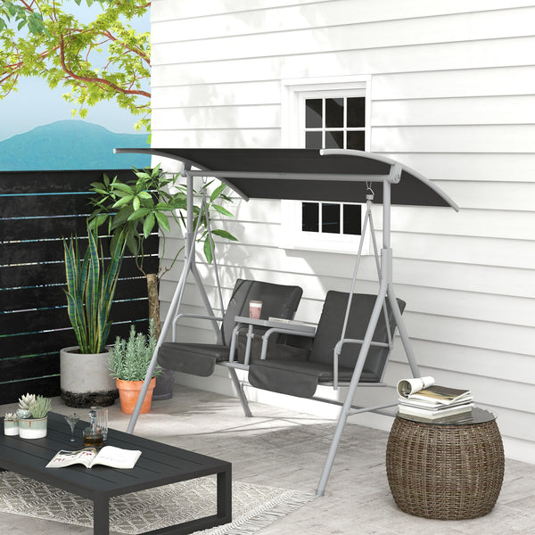 Balancelle de jardin 2 places avec auvent inclinable tablette centrale 2 porte-gobelets pour terrasse 175L x 112l x 158H cm balcon gris