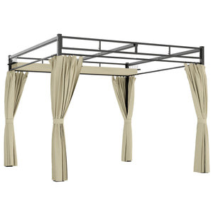 Pergola de Jardin 3x3m avec Toit Rétractable - Tonnelle de Jardin Extérieur Acier Renforcé avec 4 Rideaux - Pavillon Colonnes 60mm et Protection UV30+ pour Terrasse et Cour, Beige