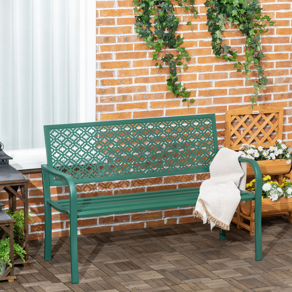Banc de jardin, banc extérieur jardin en acier, avec dossier à motif floral, accoudoirs, pour 2 personnes, pour jardin, balcon, charge max. 240 kg, vert foncé