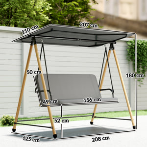 Balancelle de Jardin 3 Places, Balançoire Extérieure avec Toit Réglable et Coussin Épais Amovible, Cadre en Acier, Charge 360 kg, pour Balcon, Jardin, Terrasse, 208 x 125 x 180 cm, Gris