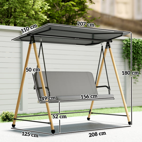 Balancelle de Jardin 3 Places, Balançoire Extérieure avec Toit Réglable et Coussin Épais Amovible, Cadre en Acier, Charge 360 kg, pour Balcon, Jardin, Terrasse, 208 x 125 x 180 cm, Gris