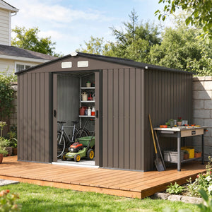Abri de jardin en acier galvanisé XXL 5,4 m² avec kit de fondation 277 x 195 x 192 cm, cabane de jardin cabanon rangement outils avec portes coulissantes verrouillables et 4 aérations, marron