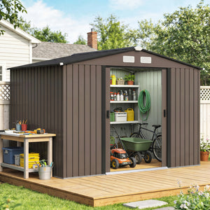 Abri de jardin en acier galvanisé XXL 5,4 m² avec kit de fondation 277 x 195 x 192 cm, cabane de jardin cabanon rangement outils avec portes coulissantes verrouillables et 4 aérations, marron