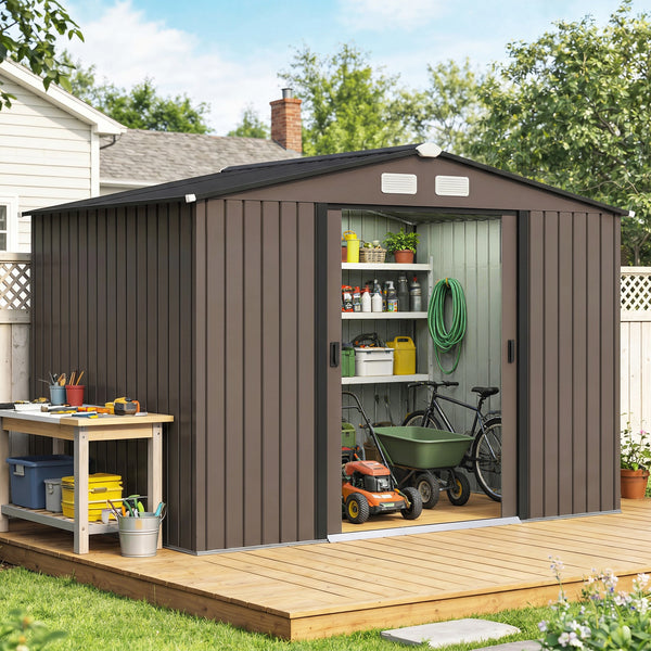 Abri de jardin en acier galvanisé XXL 5,4 m² avec kit de fondation 277 x 195 x 192 cm, cabane de jardin cabanon rangement outils avec portes coulissantes verrouillables et 4 aérations, marron
