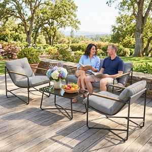 Ensemble Salon de Jardin 4 Pièces, Mobilier de Jardin en Métal avec Canapé 2 Places, 2 Fauteuils, Table Basse en Verre, Coussins Épais, Salon d'Extérieur pour Patio Balcon, Gris Clair