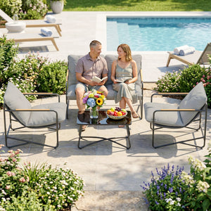 Ensemble Salon de Jardin 4 Pièces, Mobilier de Jardin en Métal avec Canapé 2 Places, 2 Fauteuils, Table Basse en Verre, Coussins Épais, Salon d'Extérieur pour Patio Balcon, Gris Clair