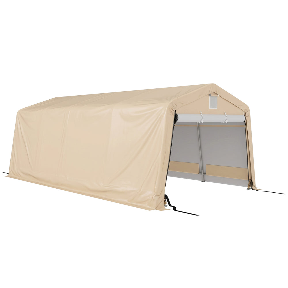 Tente garage carport dim. 6,2L x 3,3l x 2,4H m acier galvanisé robuste PE haute densité 150 g/m² imperméable anti-UV, 1 porte kaki et 2 aérations