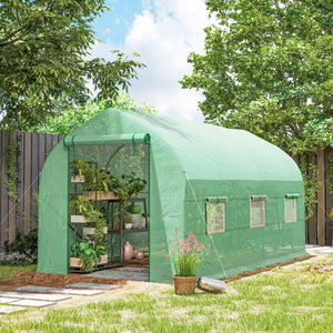 Serre tunnel de jardin 8m², serre de jardin tunnel 400x200x200cm avec 1 porte et 6 fenêtres, pour extérieur, toutes saisons, légumes, fruits, fleurs, bâche PE haute densité 140 g/m² vert
