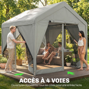 Tonnelle de jardin extérieur 3x3m pavillon de jardin hydrofuge - structure robuste en acier galvanisé avec toit double pente - barnum avec rideaux et moustiquaire pour fête et terrasse, gris