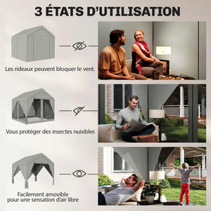 Tonnelle de jardin extérieur 3x3m pavillon de jardin hydrofuge - structure robuste en acier galvanisé avec toit double pente - barnum avec rideaux et moustiquaire pour fête et terrasse, gris