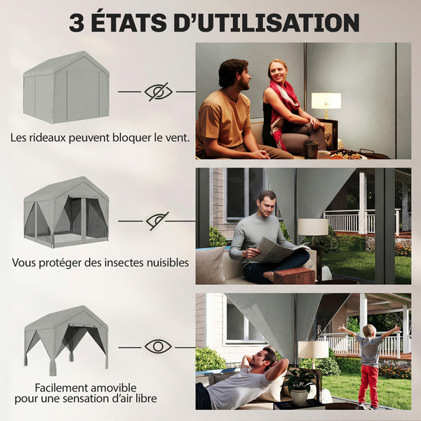 Tonnelle de jardin extérieur 3x3m pavillon de jardin hydrofuge - structure robuste en acier galvanisé avec toit double pente - barnum avec rideaux et moustiquaire pour fête et terrasse, gris