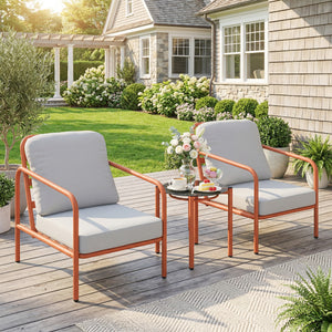 Salon de Jardin 3 Pièces, 2 Fauteuils avec Coussins Amovibles Épais, 1 Table Basse avec Plateau en Verre Trempé, Cadre en Acier, Ensemble de Jardin pour Patio Balcon Terrasse, Rouge Vineux