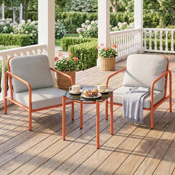 Salon de Jardin 3 Pièces, 2 Fauteuils avec Coussins Amovibles Épais, 1 Table Basse avec Plateau en Verre Trempé, Cadre en Acier, Ensemble de Jardin pour Patio Balcon Terrasse, Rouge Vineux