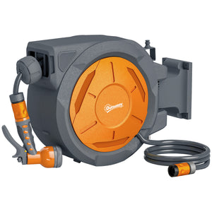 Enrouleur Tuyau Arrosage Mural 30 m x Ø 15 mm, Dévidoir Automatique de Tuyaux d'Eau Rétractable Automatique Pivotant à 180°, Buse à 7 Modes, pour Jardin et Lavage de Voiture, Orange