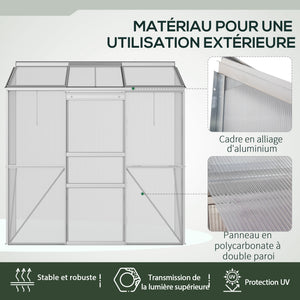 Serre adossée, serre de jardin, fenêtres ouvrables à 5 niveaux, panneau en polycarbonate, cadre en aluminium, 192 x 68 x 196 cm, transparent