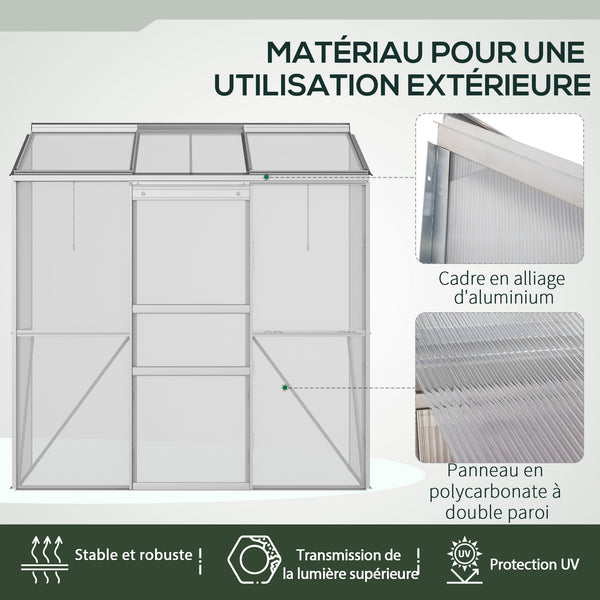 Serre adossée, serre de jardin, fenêtres ouvrables à 5 niveaux, panneau en polycarbonate, cadre en aluminium, 192 x 68 x 196 cm, transparent