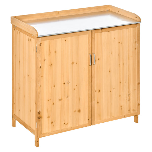 Armoire de jardin sur pied table de rempotage 2 en 1 - table de jardinage double porte, étagère, plateau tôle acier galvanisé - table de plantation bois de cèdre pré-huilé
