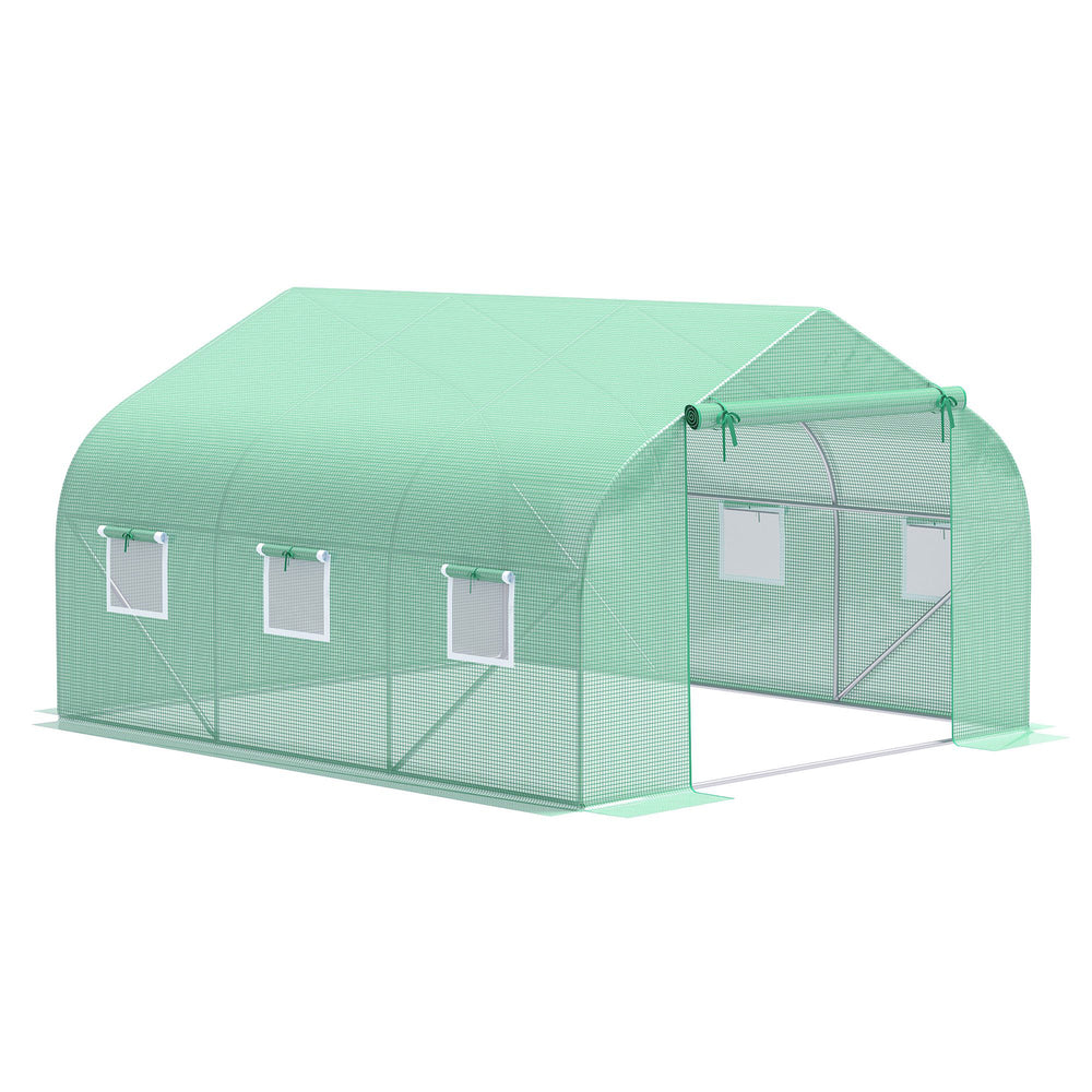 Serre Tunnel de Jardin 10,5 m² dim. 3,5L x 3l x 2H m Porte + 6 fenêtres enroulables Acier galvanisé bâche PE Haute densité Vert