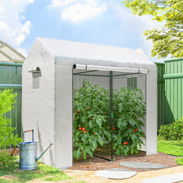 Serre de jardin PE, serre de balcon, bâche renforcée 135 g/m², châssis en acier, porte zippée enroulable, pour légumes plantes fleurs, intérieur et extérieur, 200 x 140 x 200 cm, blanc