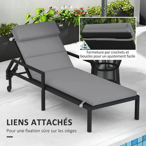 Coussin d'extérieur pour chaise Longue Coussin Bain de Soleil Rectangulaire avec appui-tête et liens, déperlant, 196 x 63 cm, gris clair