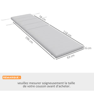 Coussin d'extérieur pour chaise Longue Coussin Bain de Soleil Rectangulaire avec appui-tête et liens, déperlant, 196 x 63 cm, gris clair