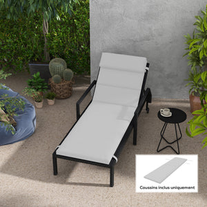 Coussin d'extérieur pour chaise Longue Coussin Bain de Soleil Rectangulaire avec appui-tête et liens, déperlant, 196 x 63 cm, gris clair