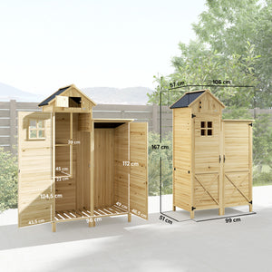 Armoire de Jardin en Bois avec Toit en Asphalte - Abri de Jardin Robuste à Double Zone et Étagères Amovibles - Rangement Outils Jardin avec Fenêtre pour Terrasse et Cour, Naturel