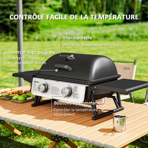 Barbecue gaz de table transportable, 2 brûleurs 5,6 kW, barbecue gaz de camping avec grille de cuisson, étagères latérales, couvercle, thermomètre, pour camping, jardin et balcon, noir