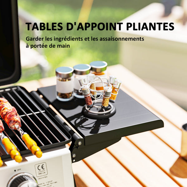 Barbecue gaz de table transportable, 2 brûleurs 5,6 kW, barbecue gaz de camping avec grille de cuisson, étagères latérales, couvercle, thermomètre, pour camping, jardin et balcon, noir