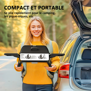 Barbecue gaz de table transportable, 2 brûleurs 5,6 kW, barbecue gaz de camping avec grille de cuisson, étagères latérales, couvercle, thermomètre, pour camping, jardin et balcon, noir
