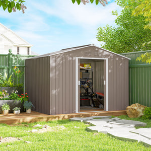 Abri de jardin en acier galvanisé XXL 5,4 m² avec kit de fondation 277x195x192cm, cabane de jardin toit en fibre de verre, cabanon rangement outils portes coulissantes 4 aérations gris clair