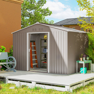 Abri de jardin en acier galvanisé XXL 5,4 m² avec kit de fondation 277x195x192cm, cabane de jardin toit en fibre de verre, cabanon rangement outils portes coulissantes 4 aérations gris clair