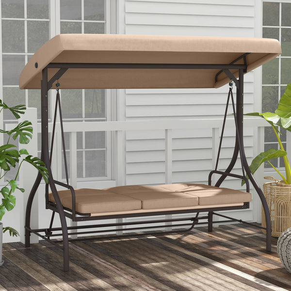 Balancelle de jardin convertible 3 places grand confort avec coussins toit réglable dim. 197L x 120l x 180H cm métal polyester kaki