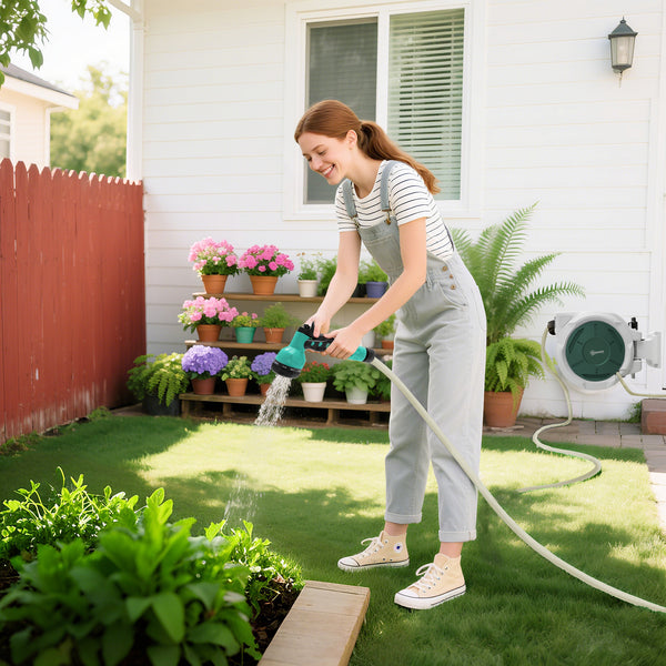 Enrouleur Tuyau Arrosage Mural 30 m x Ø 15 mm, Dévidoir Automatique de Tuyaux d'Eau Rétractable Automatique Pivotant à 180°, Buse à 7 Modes, pour Jardin et Lavage de Voiture, Gris