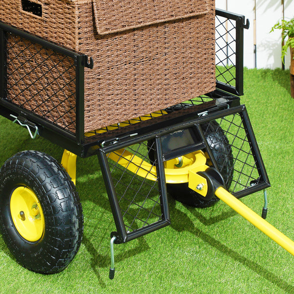 Chariot de jardin en acier, chariot de transport, côtés amovibles transformable en plateau, 4 roues, 200 kg, charrette, remorque, poignée rotative à 180°, noir et jaune