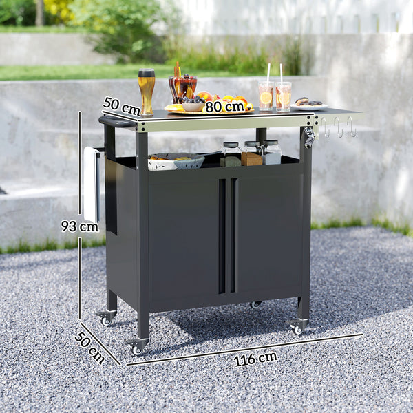 Desserte jardin chariot de barbecue avec tablette pliable, desserte pour plancha avec plateau en acier inoxydable et crochets, desserte extérieur à roulettes, 116 x 50 x 93 cm, noir