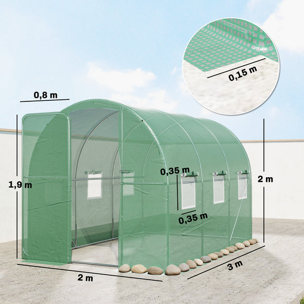 Serre tunnel de jardin 6m², serre de jardin tunnel 200x300x200cm avec cadre en acier galvanisé, porte et 6 fenêtres, pour extérieur, toutes saisons, bâche PE haute densité 140 g/m² vert