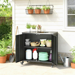 Armoire de jardin en Métal Extérieur, Armoire de Rangement de Jardin avec Toit en Acier Inoxydable et Roulettes, Portes Magnétique et Étagère Amovible, 80 x 50 x 90 cm, Noir