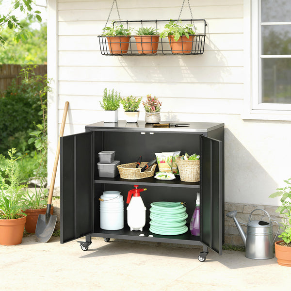 Armoire de jardin en Métal Extérieur, Armoire de Rangement de Jardin avec Toit en Acier Inoxydable et Roulettes, Portes Magnétique et Étagère Amovible, 80 x 50 x 90 cm, Noir